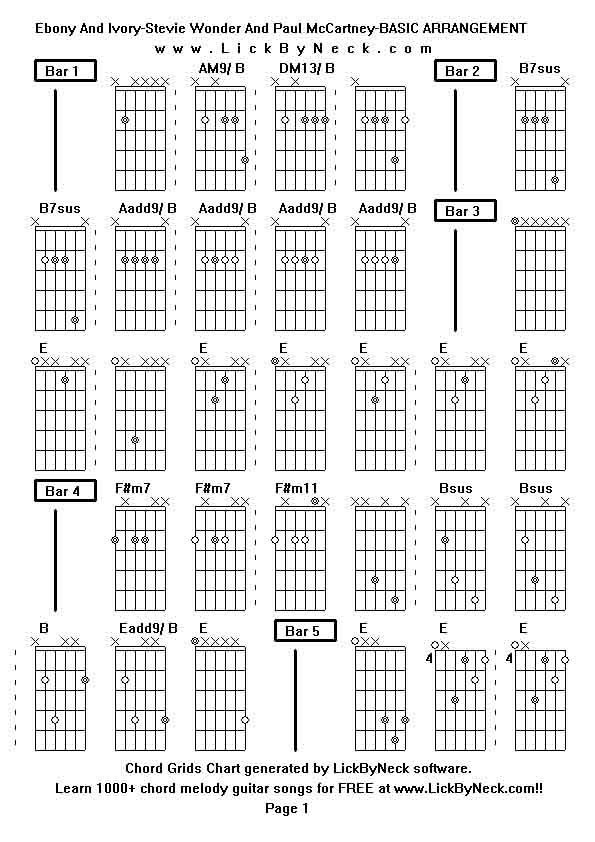 Chord Grids Chart of chord melody fingerstyle guitar song-Ebony And Ivory-Stevie Wonder And Paul McCartney-BASIC ARRANGEMENT,generated by LickByNeck software.